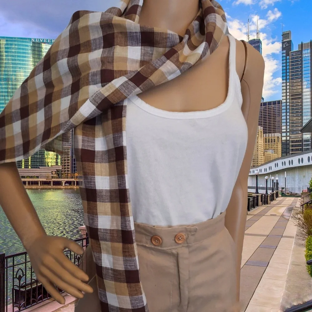 Essential Linen Check Scarf Wrap NWT